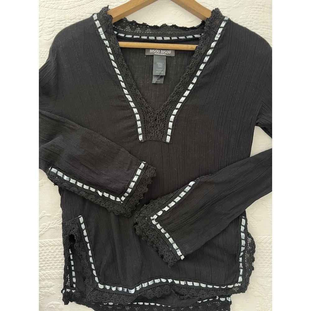 Vintage Bisou-Bisou Michele Bohbot Black Long Sleeve Top 90s Y2K Small Hippy